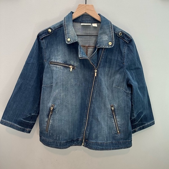 CHICO'S Modern Distressed Denim Moto Jacket, Size 2 (L), Blue - Picture 1 of 8